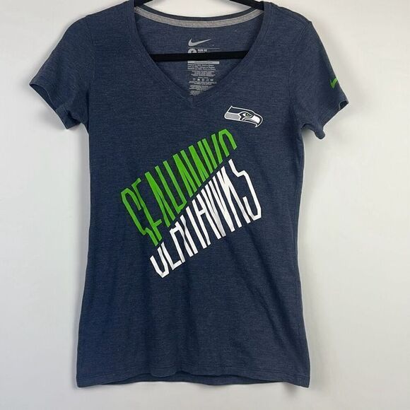 Nike Slim Women's Seattle Seahawks V-Neck Short Sleeve T-Shirt Blue Gray Small - Picture 2 of 7
